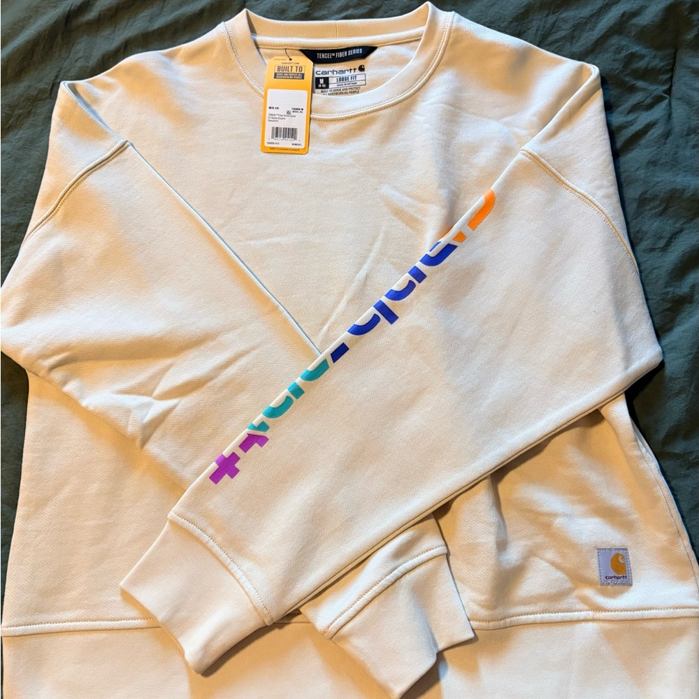Carhartt Off-White Sweatshirt with Multicolor Sleeve. Size Medium. NWT